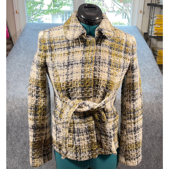 French Connection Tweed Jacket Size 4 Yellow Black Cream Belted Rounded Collar - Picture 1 of 10